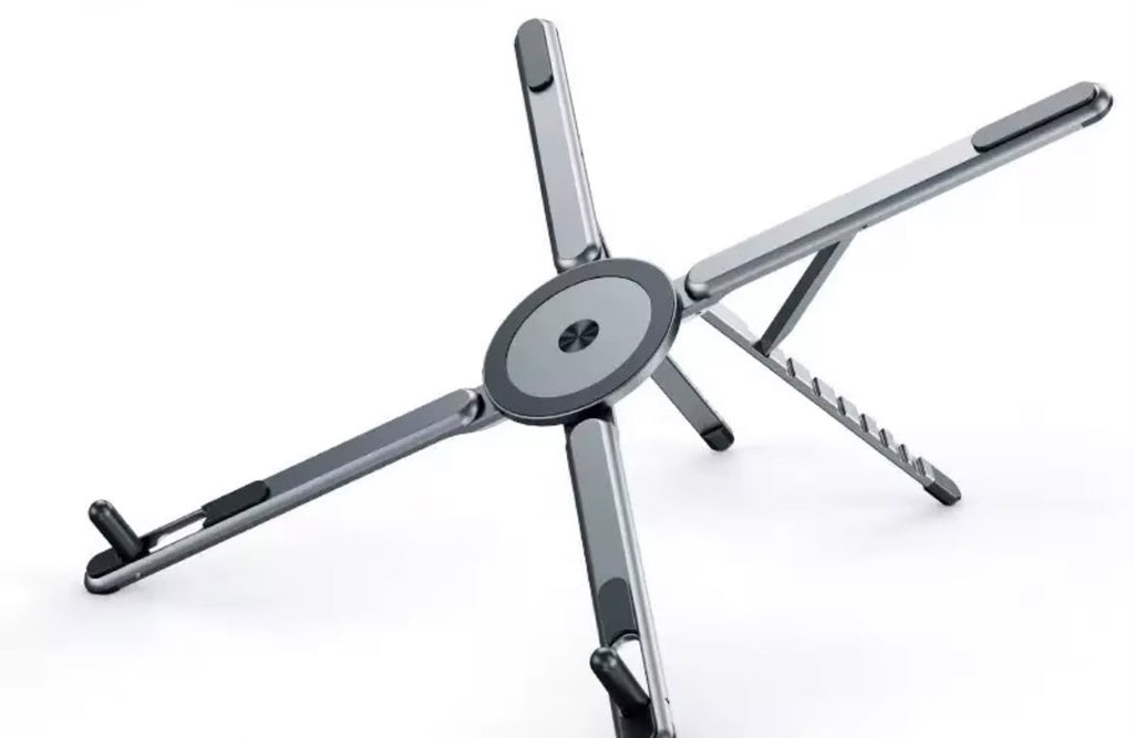 Support Ergonomique Réglable pour Ordinateur Portable en Aluminium – Pliable 3 en 1 avec Support Magnétique pour Téléphone & Tablette