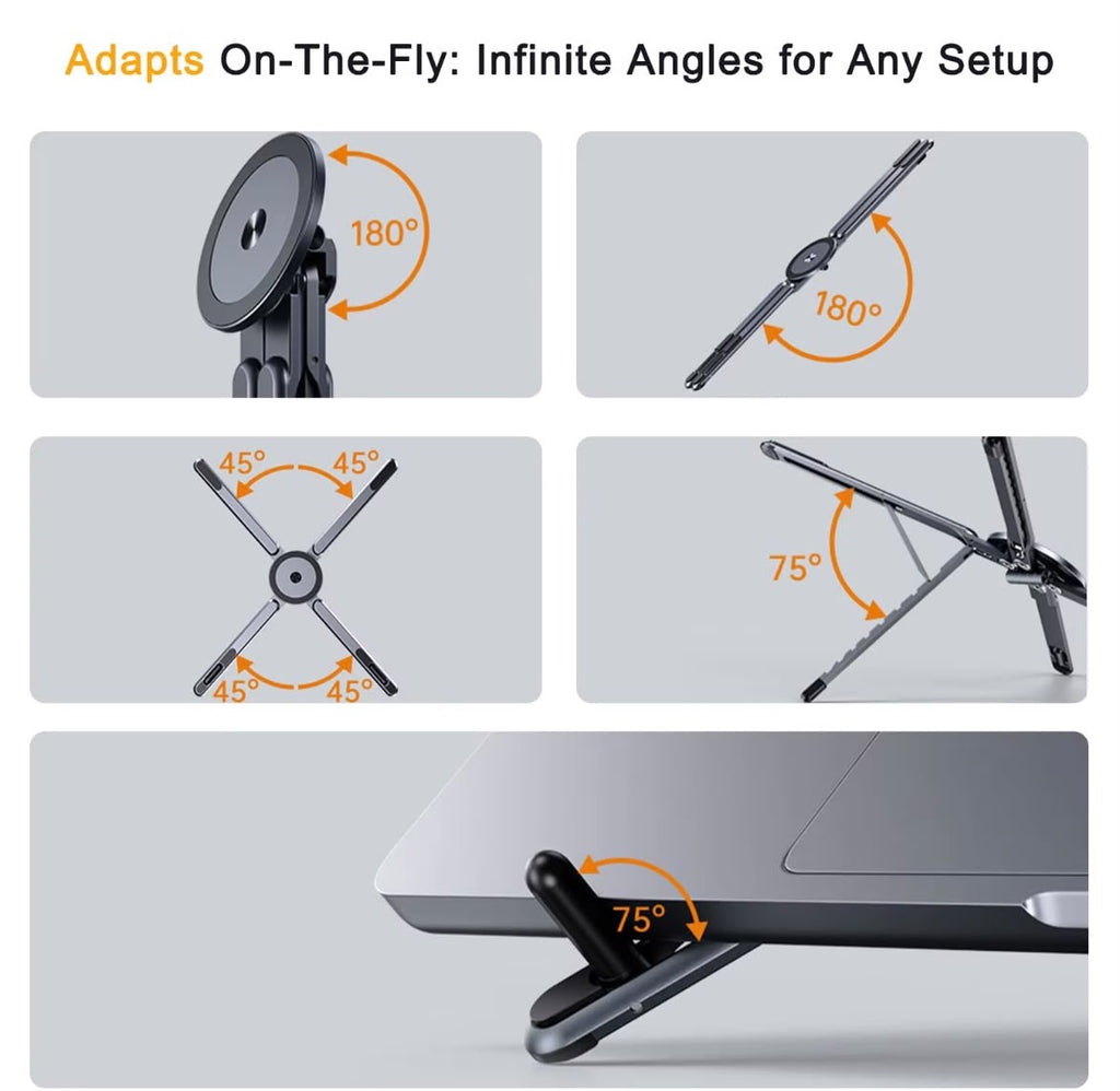 Support Ergonomique Réglable pour Ordinateur Portable en Aluminium – Pliable 3 en 1 avec Support Magnétique pour Téléphone & Tablette